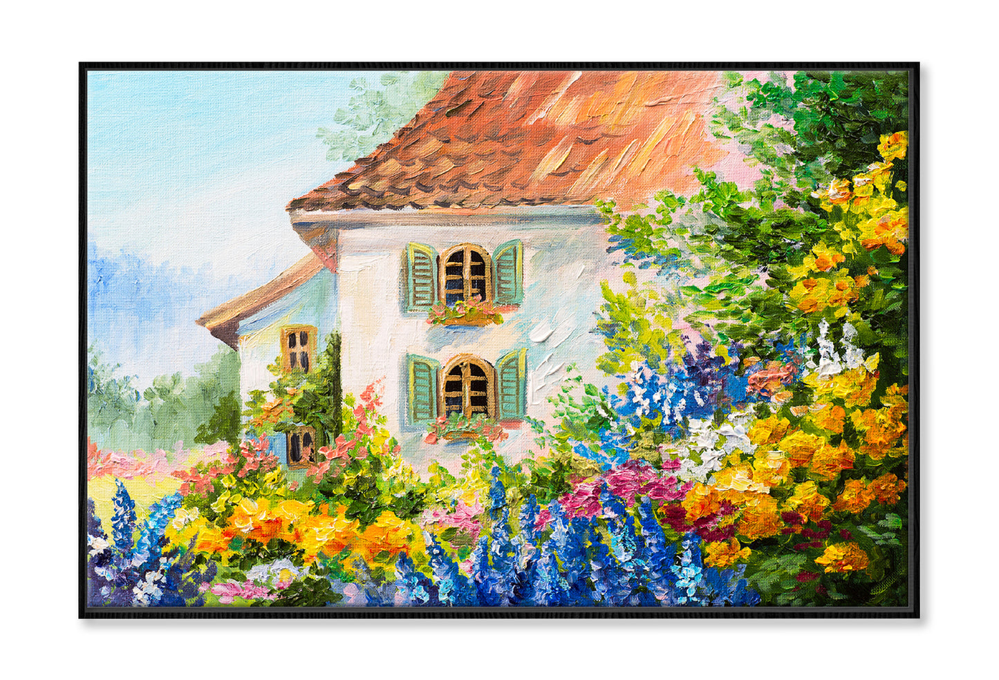 House In The Flower Garden Oil Painting Wall Art Limited Edition High Quality Print Canvas Box Framed Black