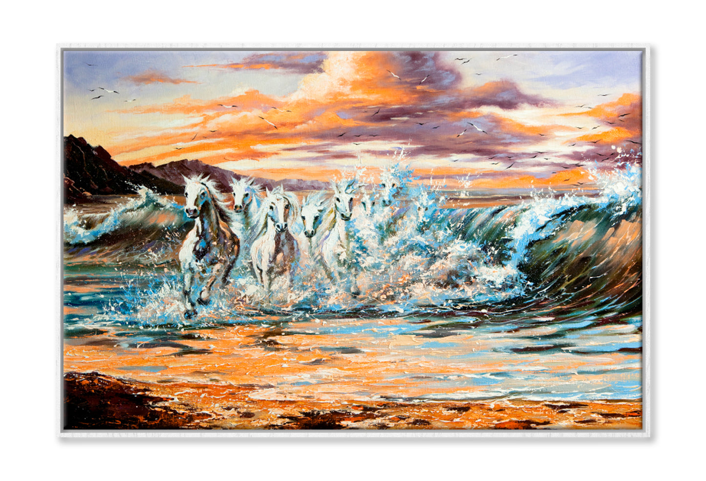 The Horses Running From Waves Oil Painting Wall Art Limited Edition High Quality Print Canvas Box Framed White