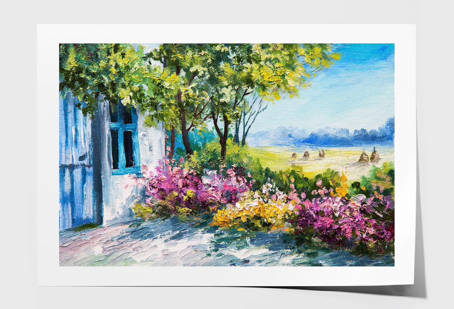 Garden near the House with Blue Sky Watercolor Painting Wall Art Limited Edition High Quality Print Unframed Roll Canvas None