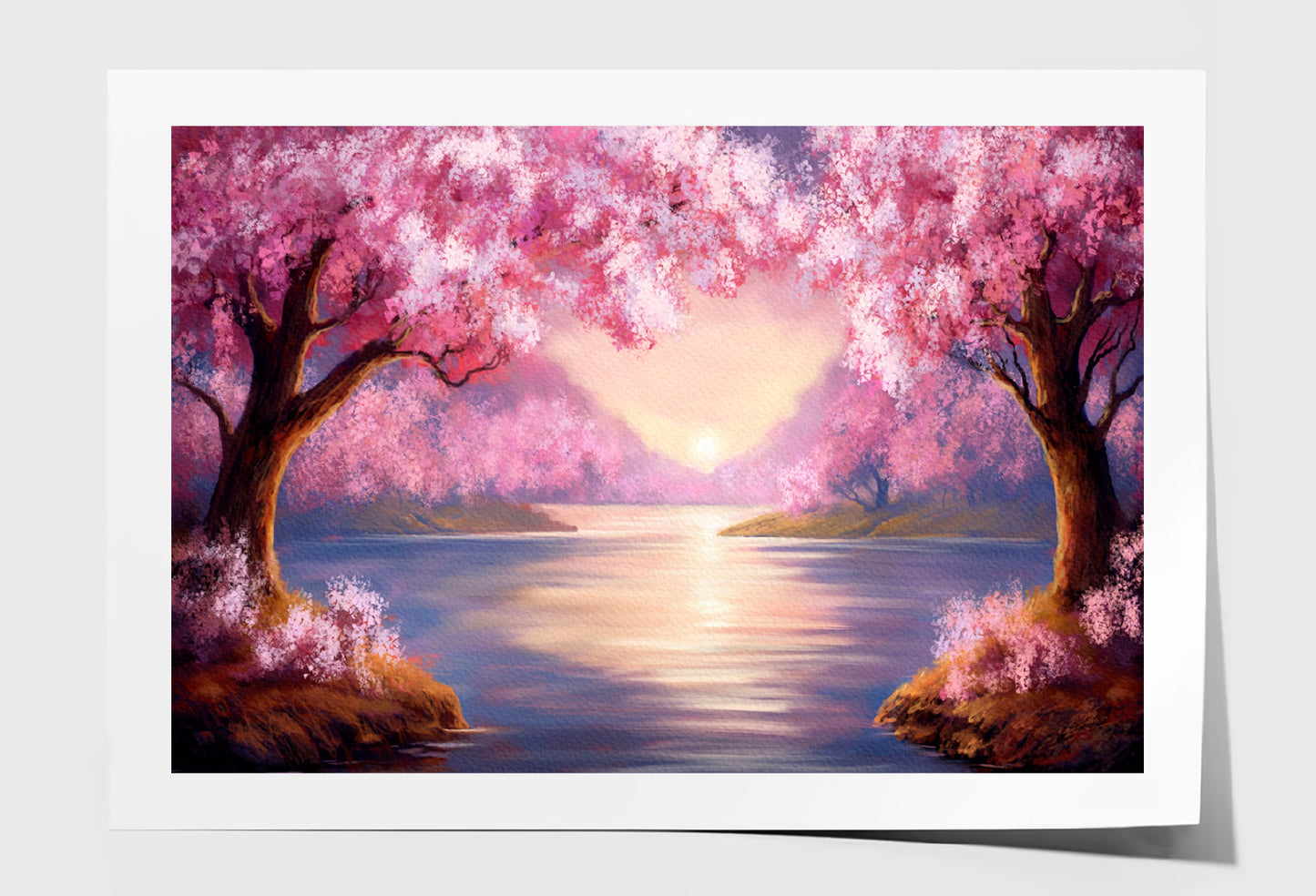 Pink Sakura Trees & Sunset over the River Painting Wall Art Limited Edition High Quality Print Unframed Roll Canvas None