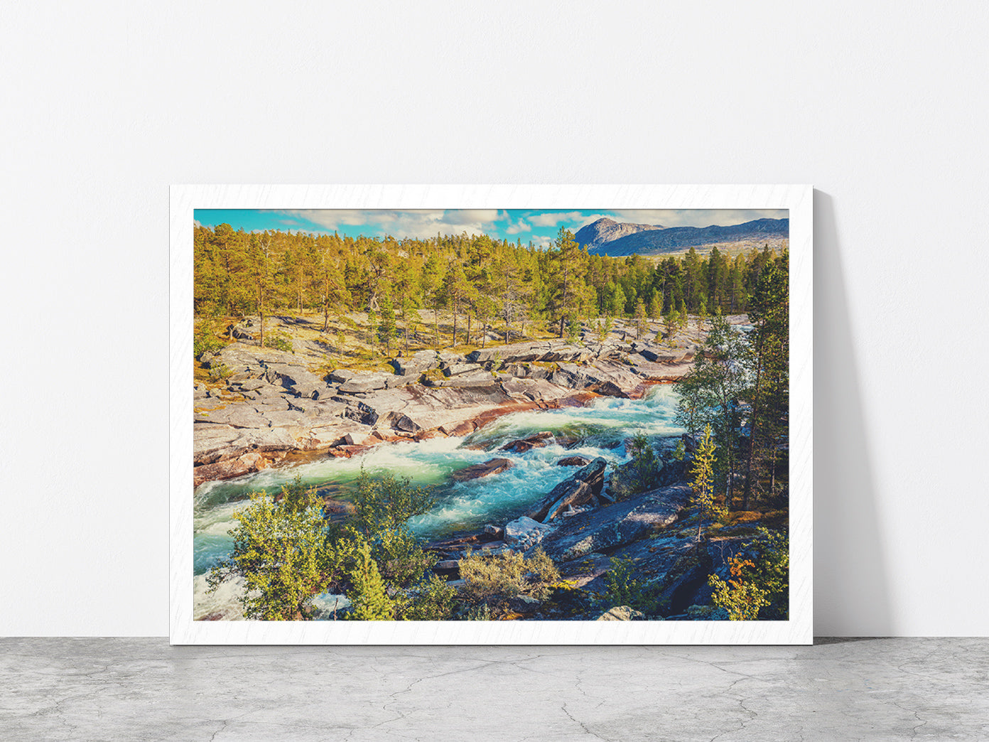 Mountain River & Forest In Norway Glass Framed Wall Art, Ready to Hang Quality Print Without White Border White