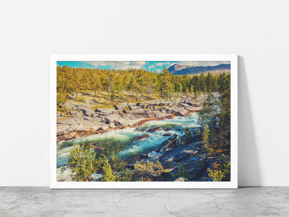 Mountain River & Forest In Norway Glass Framed Wall Art, Ready to Hang Quality Print Without White Border White