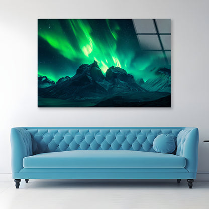 Green Northern Lights over the Mountains Acrylic Glass Print Tempered Glass Wall Art 100% Made in Australia Ready to Hang