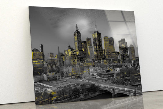 Melbourne Night With Yellow Lights Acrylic Glass Print Tempered Glass Wall Art 100% Made in Australia Ready to Hang