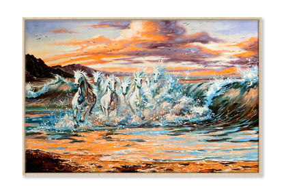 The Horses Running From Waves Oil Painting Wall Art Limited Edition High Quality Print Canvas Box Framed Natural