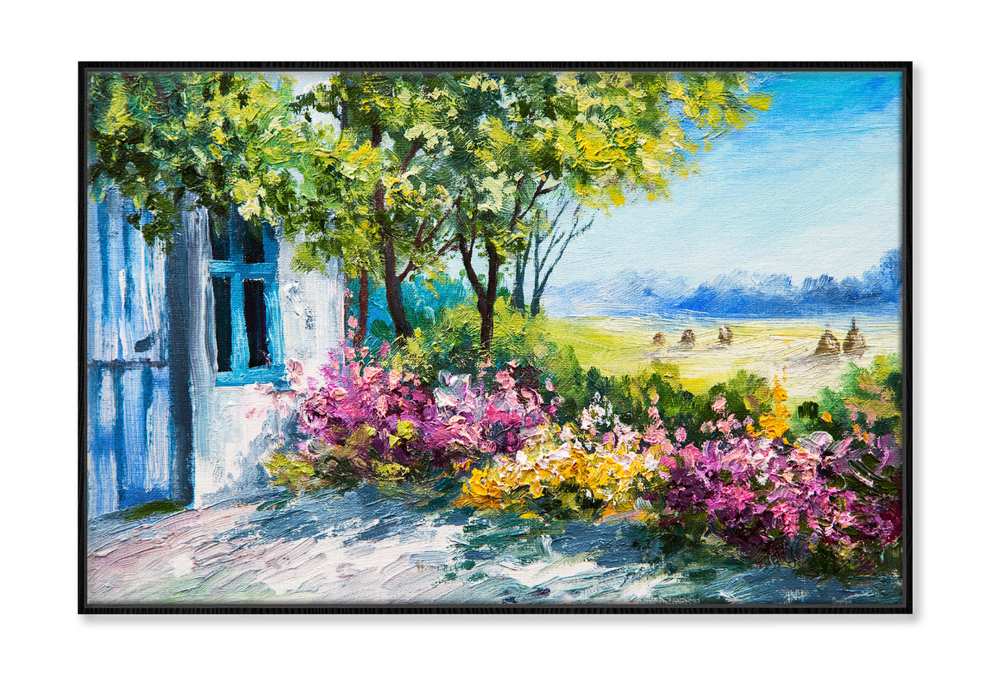 Garden near the House with Blue Sky Watercolor Painting Wall Art Limited Edition High Quality Print Canvas Box Framed Black