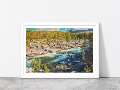 Mountain River & Forest In Norway Glass Framed Wall Art, Ready to Hang Quality Print With White Border White