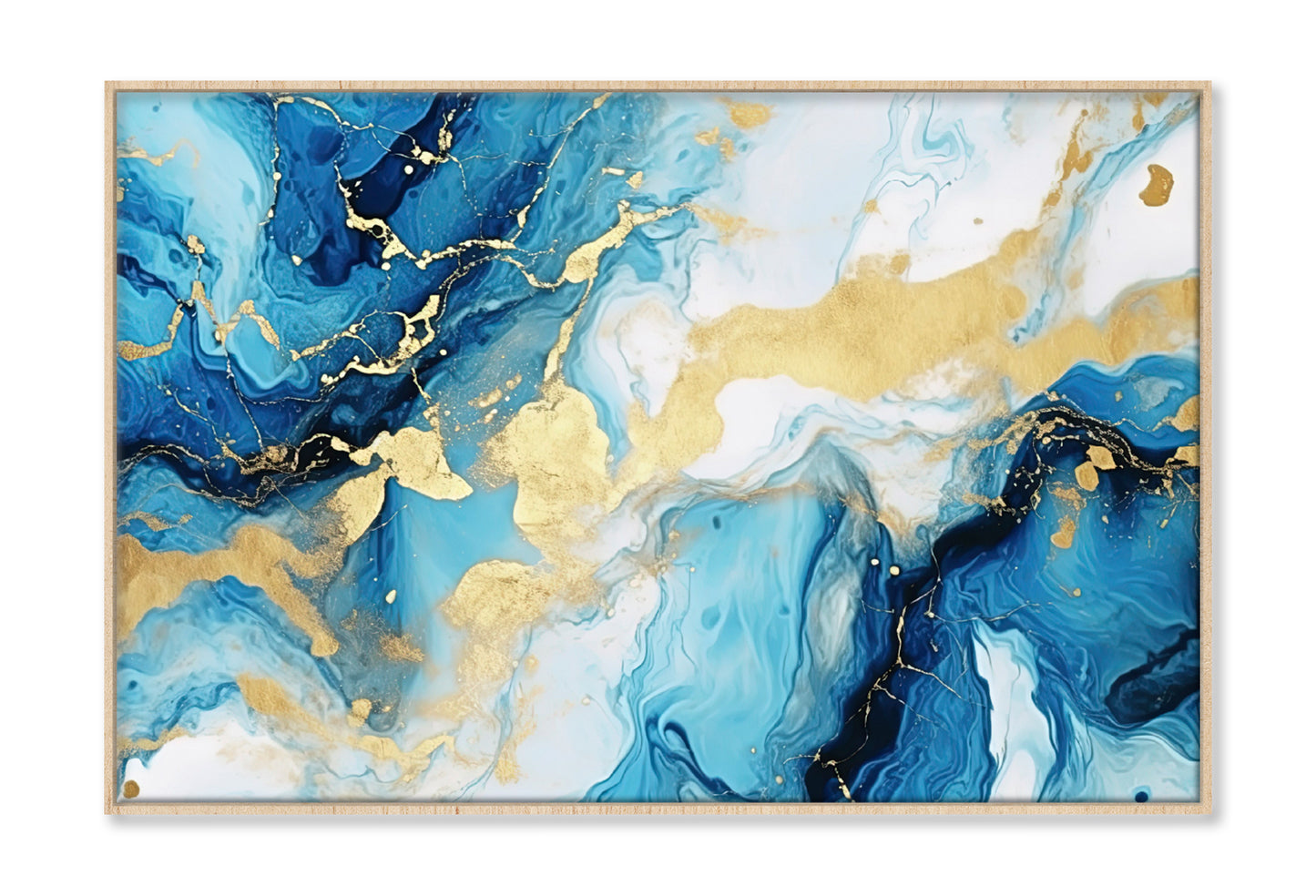 Blue & Gold Splash Abstract Marble Painting Wall Art Limited Edition High Quality Print Canvas Box Framed Natural