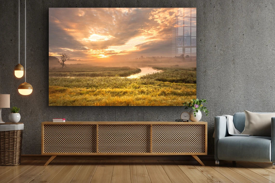 River & Meadow Sunset UV Direct Aluminum Print Australian Made Quality