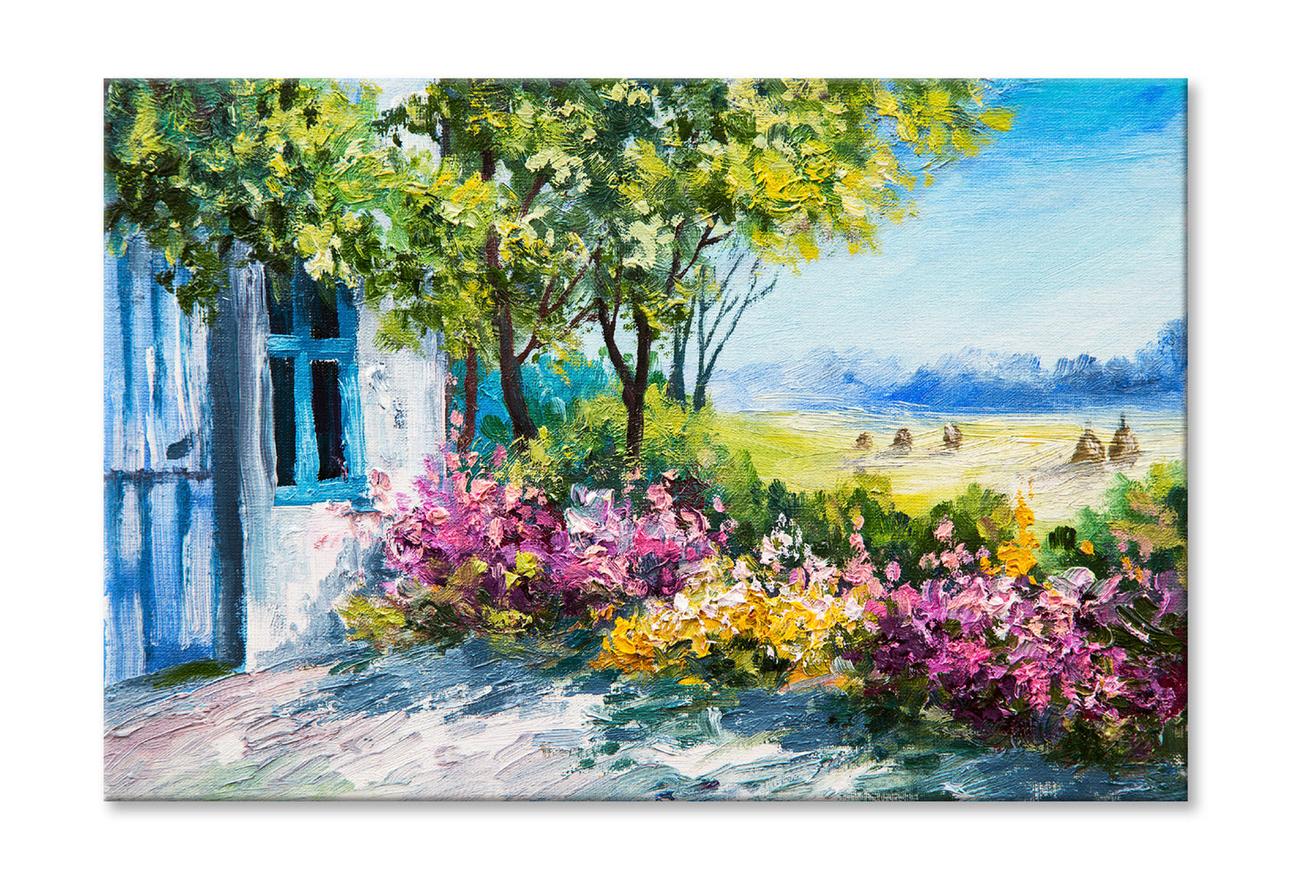 Garden near the House with Blue Sky Watercolor Painting Wall Art Limited Edition High Quality Print Stretched Canvas None