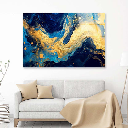 Gold Blue Liquid Swirls Acrylic Glass Print Tempered Glass Wall Art 100% Made in Australia Ready to Hang