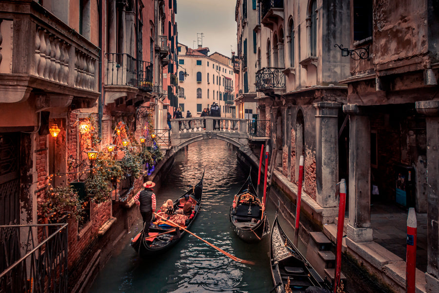 Canal With a Boat and People Wall Art Decor 100% Australian Made