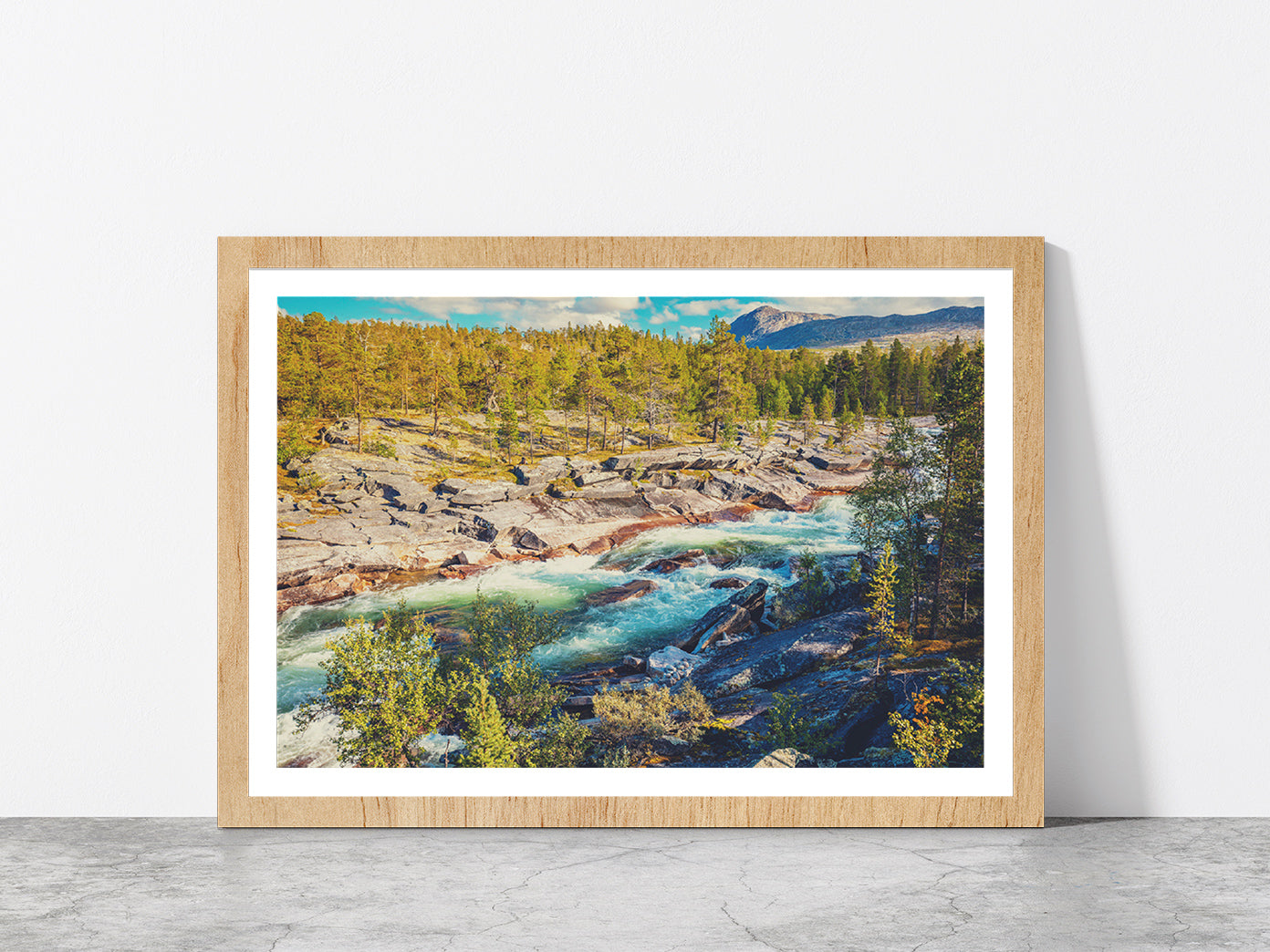 Mountain River & Forest In Norway Glass Framed Wall Art, Ready to Hang Quality Print With White Border Oak