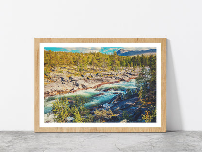 Mountain River & Forest In Norway Glass Framed Wall Art, Ready to Hang Quality Print With White Border Oak