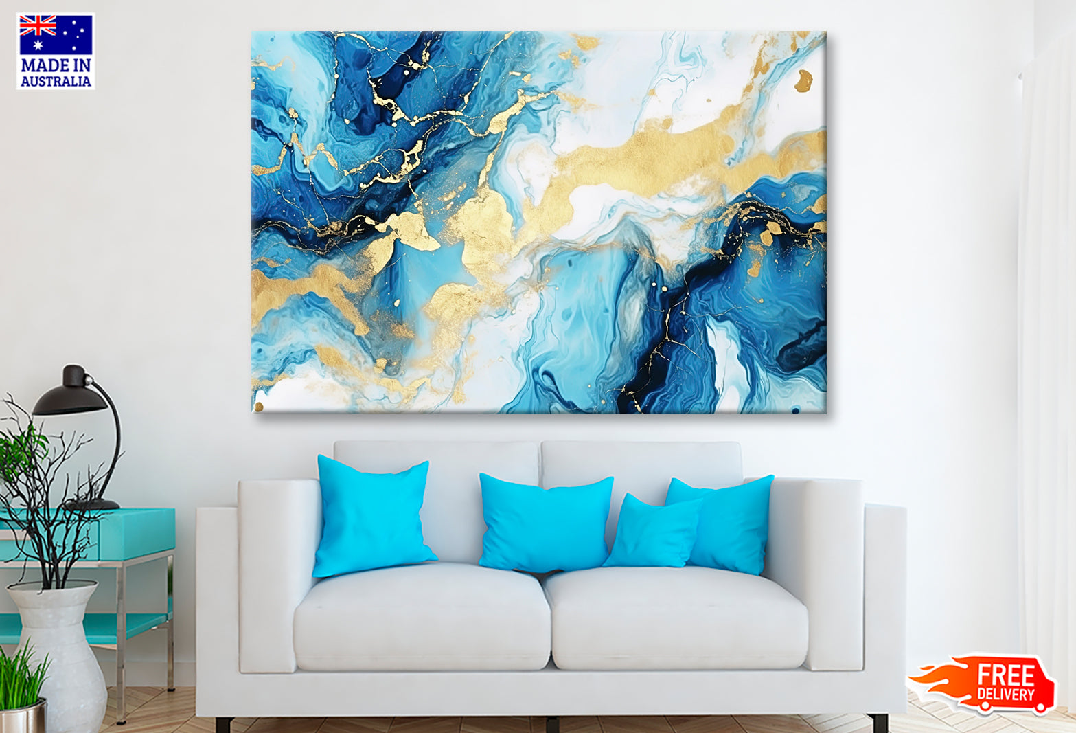 Blue & Gold Splash Abstract Marble Painting Wall Art Limited Edition High Quality Print