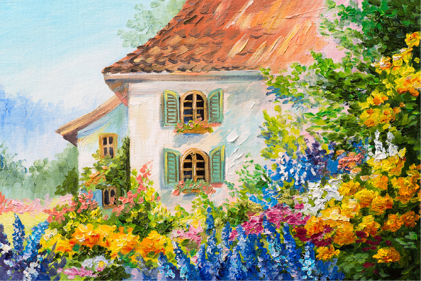 House In The Flower Garden Glass Framed Wall Art, Ready to Hang Quality Print