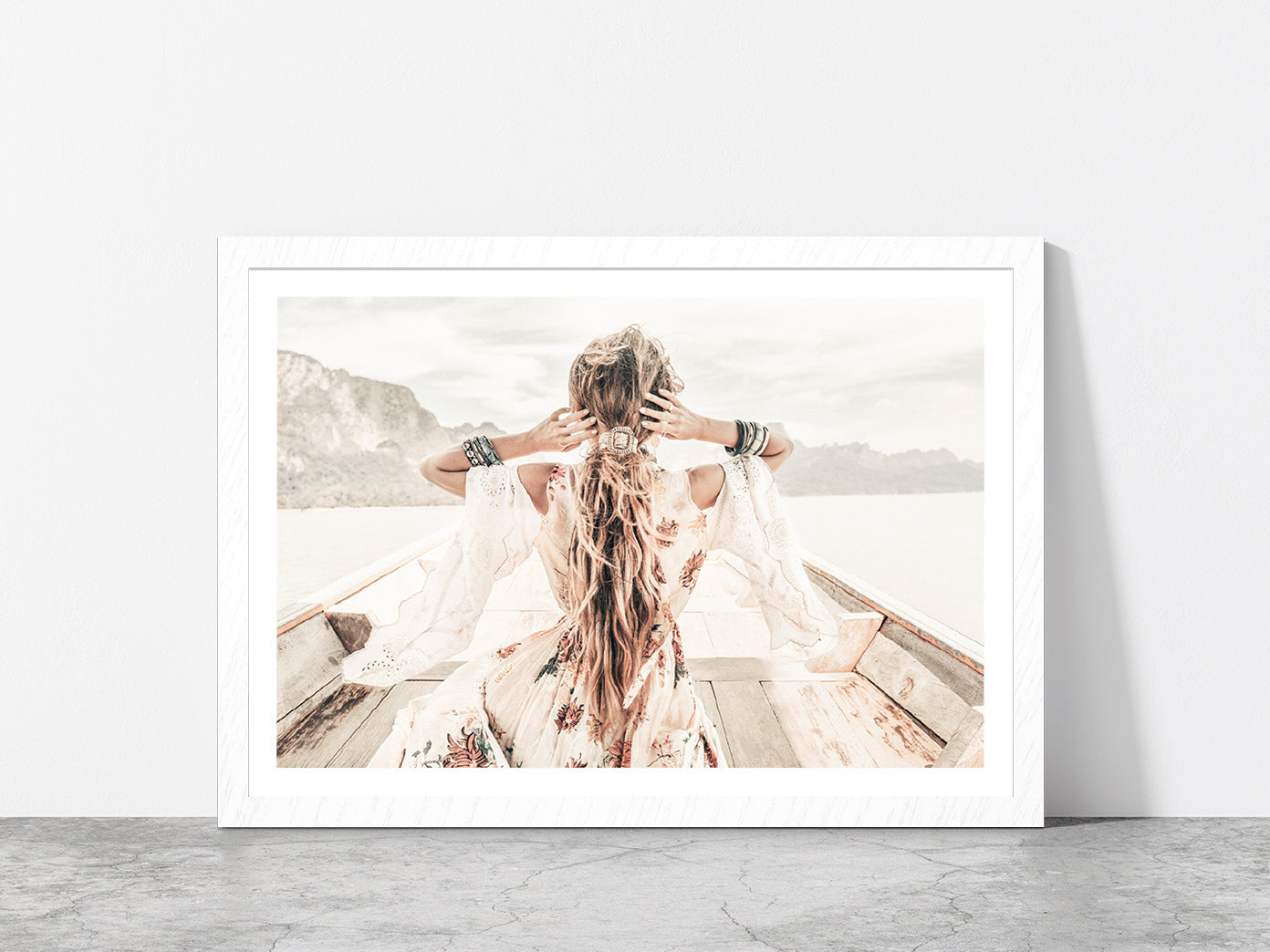 Fashion Girl in Boat Faded Photograph Glass Framed Wall Art, Ready to Hang Quality Print With White Border White