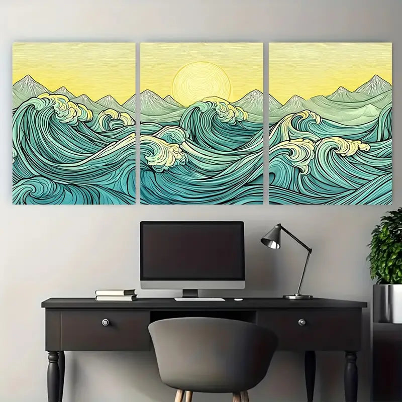 3pcs Japanese Sunrise Mountain Wave Metal Print Ready to Hang Art