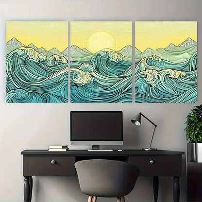 3pcs Japanese Sunrise Mountain Wave Metal Print Ready to Hang Art