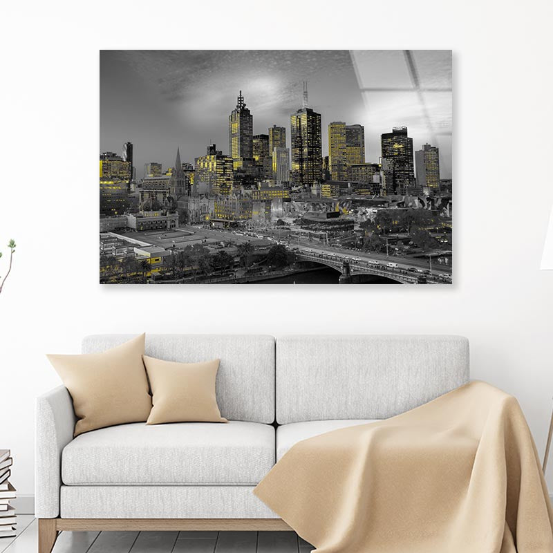 Melbourne Night With Yellow Lights Acrylic Glass Print Tempered Glass Wall Art 100% Made in Australia Ready to Hang