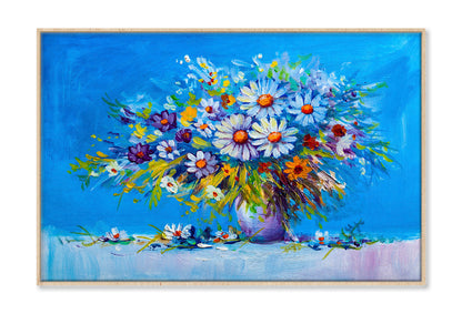 Daisy Flowers & Leaves in Vase Oil Painting Wall Art Limited Edition High Quality Print Canvas Box Framed Natural