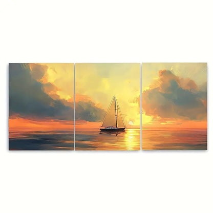 3pcs Sailboat Sailing Ocean Sunset Metal Print Ready to Hang Art