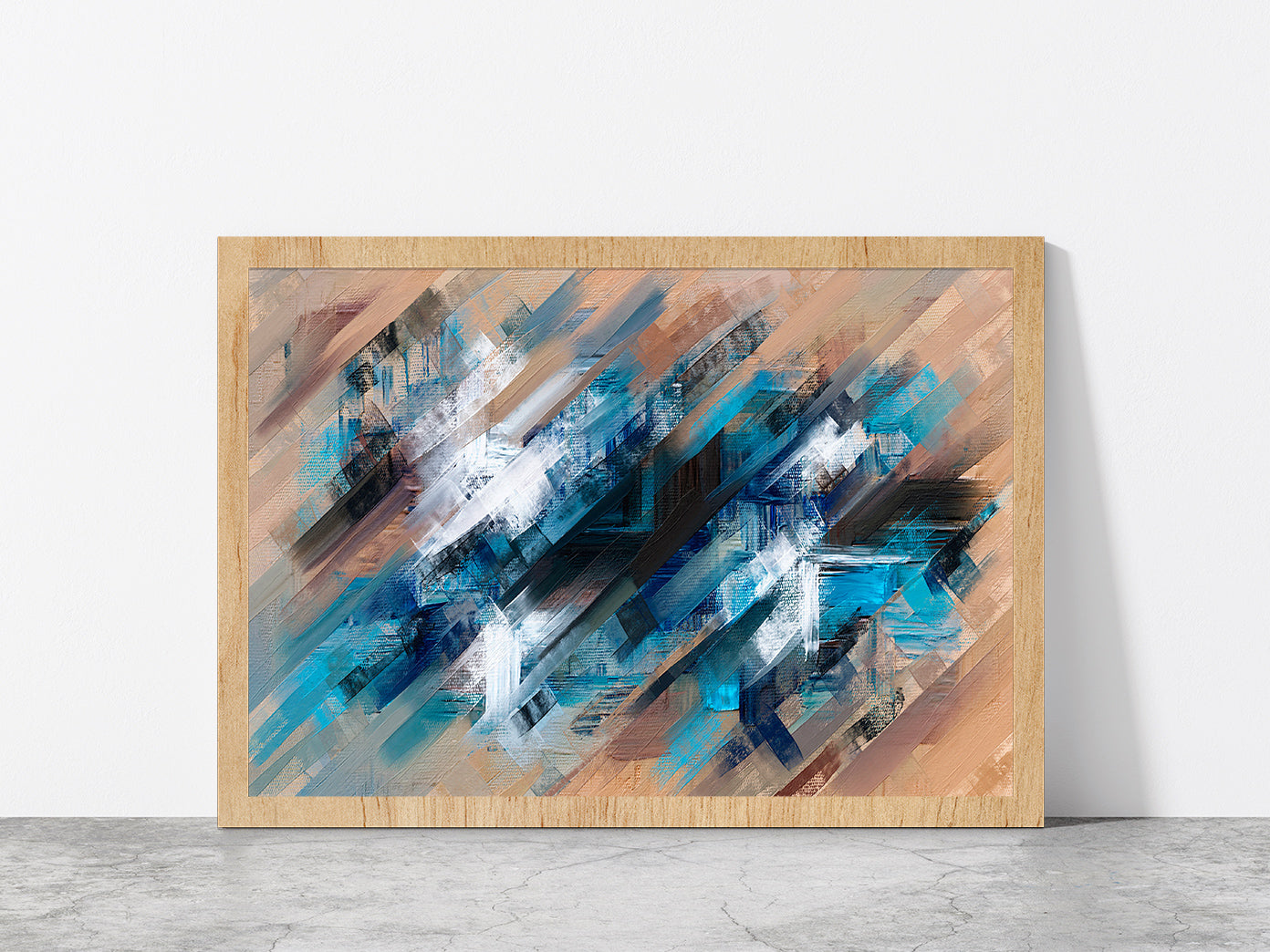 Abstract Diagonal Paint Strokes Glass Framed Wall Art, Ready to Hang Quality Print Without White Border Oak