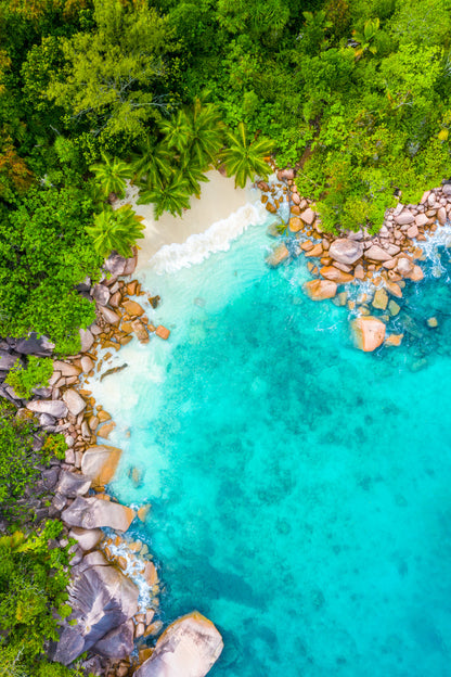 Rocks & Trees near Anse Lazio Beach Aerial Photograph Glass Framed Wall Art, Ready to Hang Quality Print