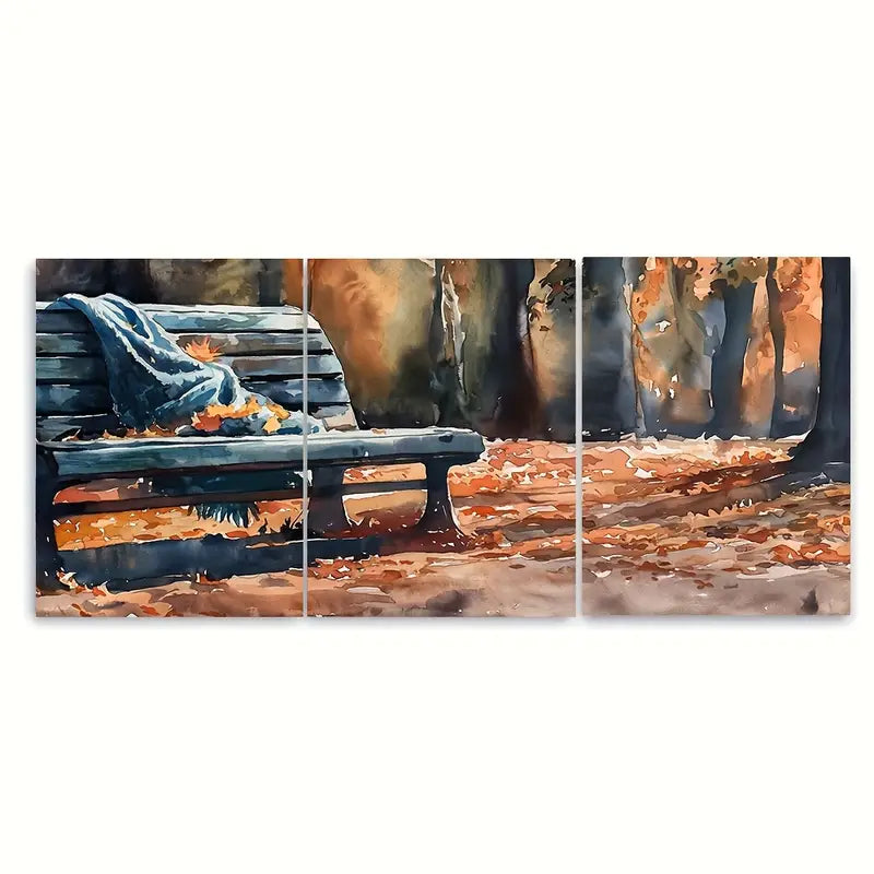 3pcs Peaceful Park Bench with Blanket Metal Print Ready to Hang Art