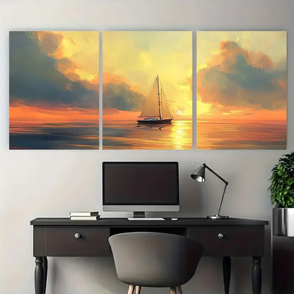 3pcs Sailboat Sailing Ocean Sunset Metal Print Ready to Hang Art