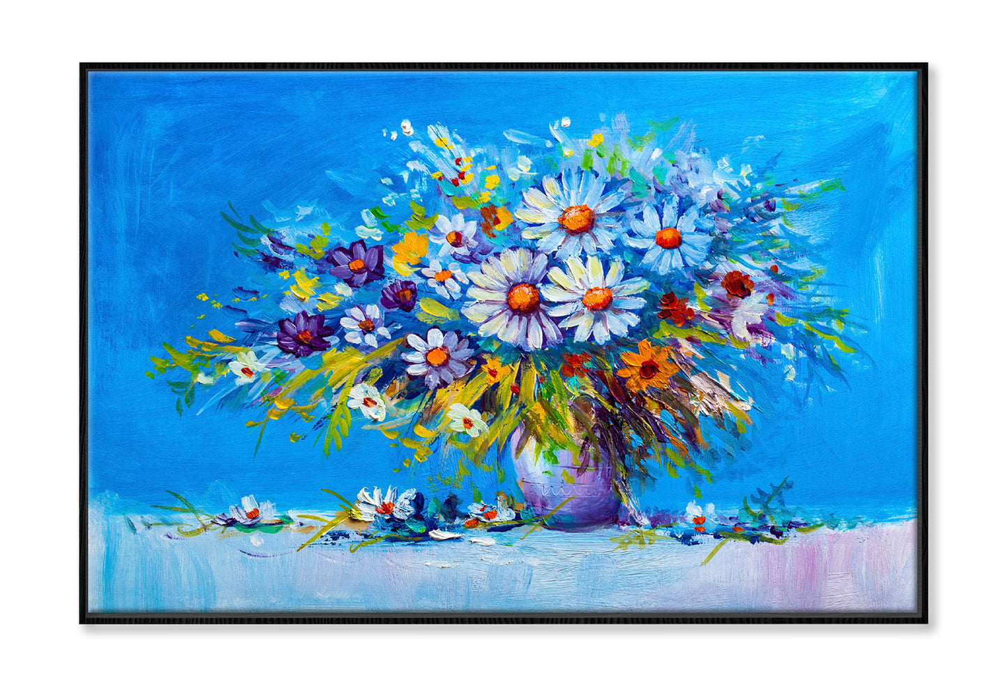 Daisy Flowers & Leaves in Vase Oil Painting Wall Art Limited Edition High Quality Print Canvas Box Framed Black