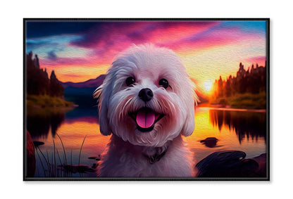 Cute Puppy Smiling, On Sunset, With A Beautiful Lake Wall Art Limited Edition High Quality Print