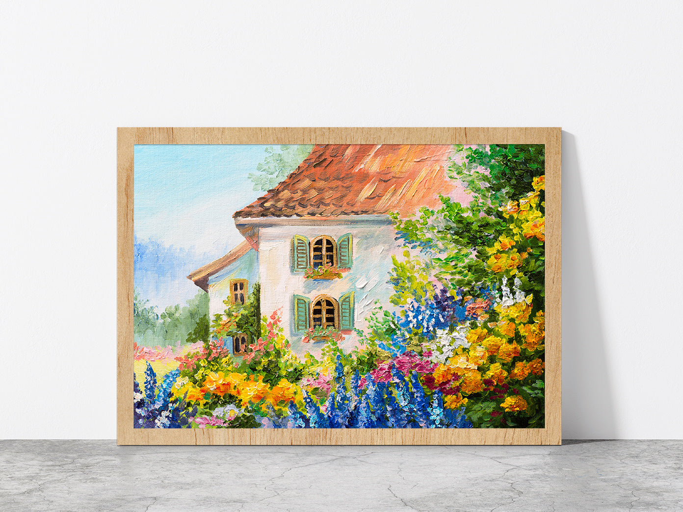 House In The Flower Garden Glass Framed Wall Art, Ready to Hang Quality Print Without White Border Oak