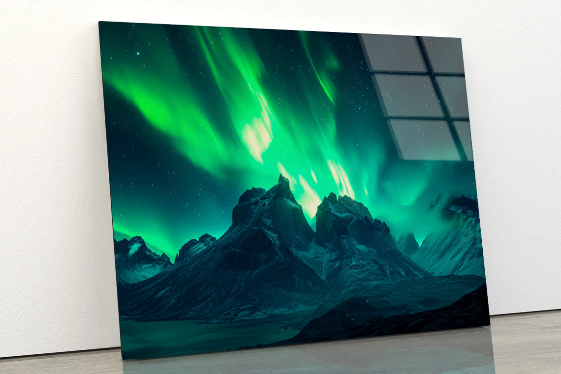 Green Northern Lights over the Mountains Acrylic Glass Print Tempered Glass Wall Art 100% Made in Australia Ready to Hang