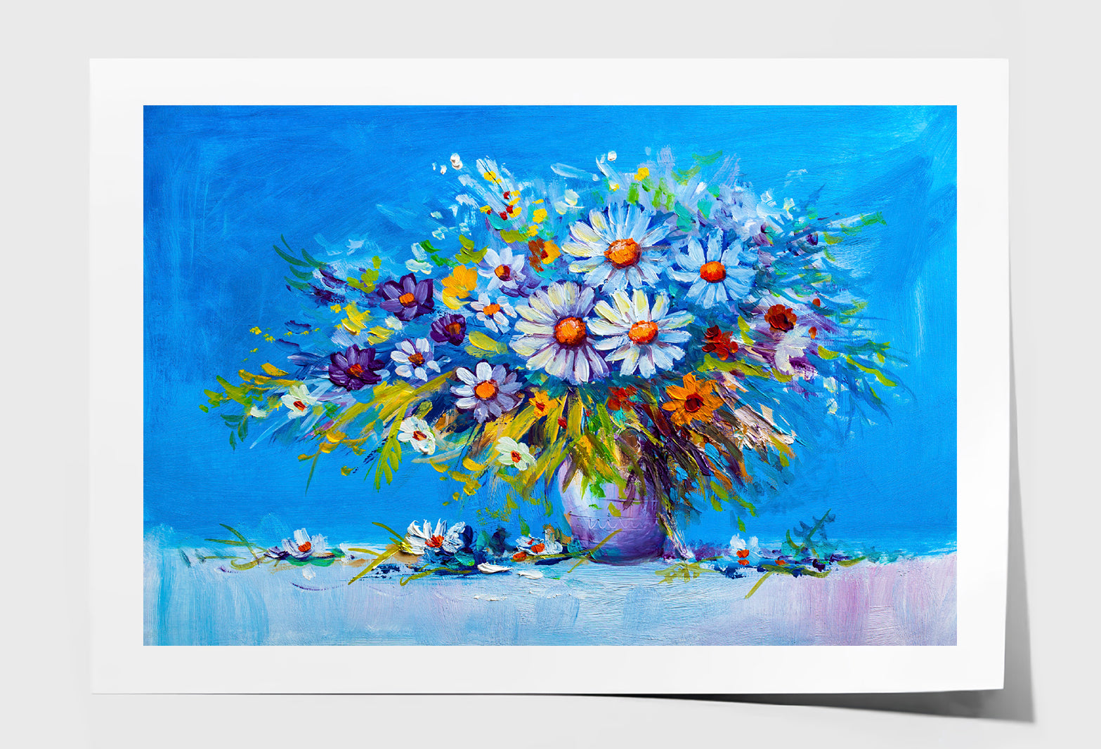 Daisy Flowers & Leaves in Vase Oil Painting Wall Art Limited Edition High Quality Print Unframed Roll Canvas None