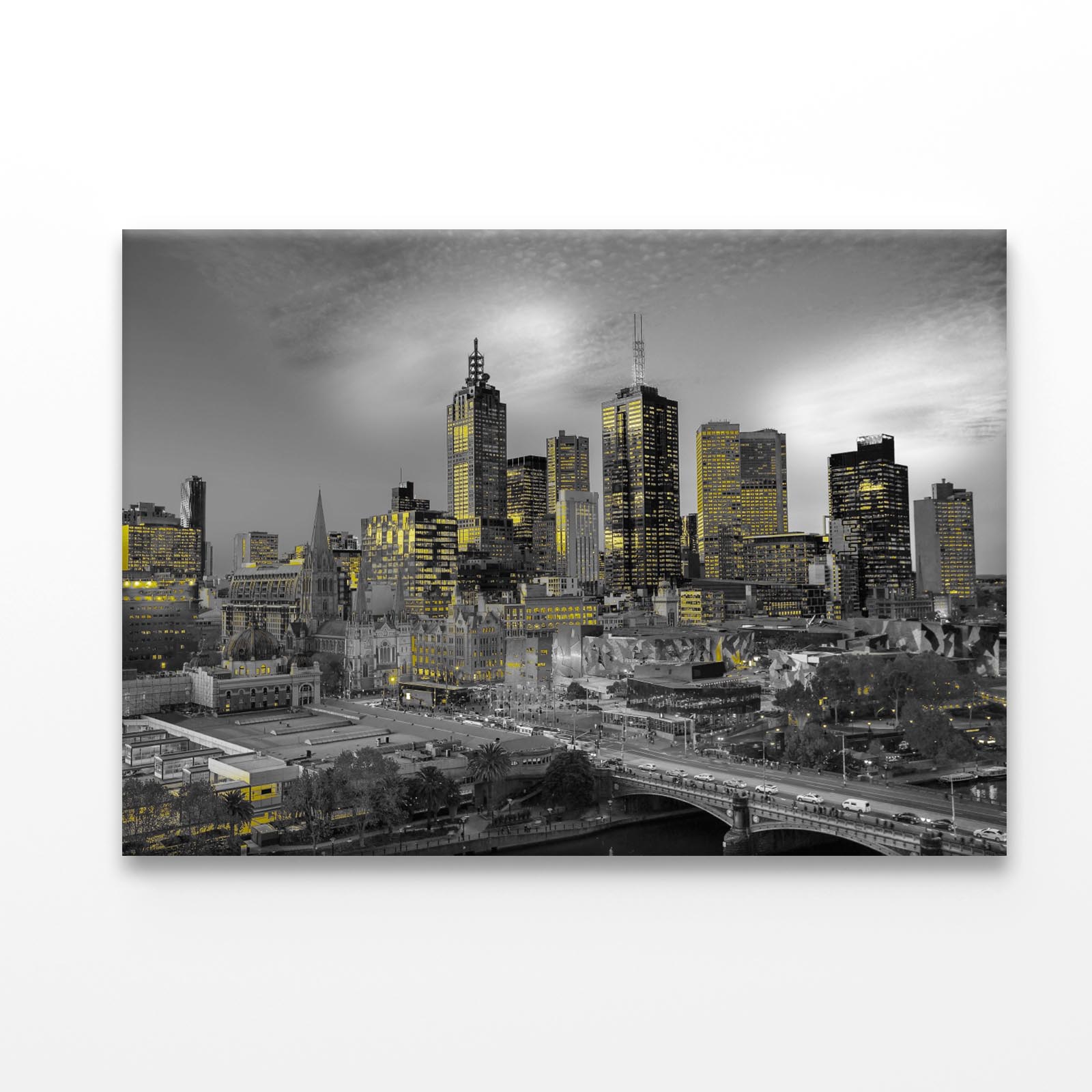 Melbourne Night With Yellow Lights Acrylic Glass Print Tempered Glass Wall Art 100% Made in Australia Ready to Hang