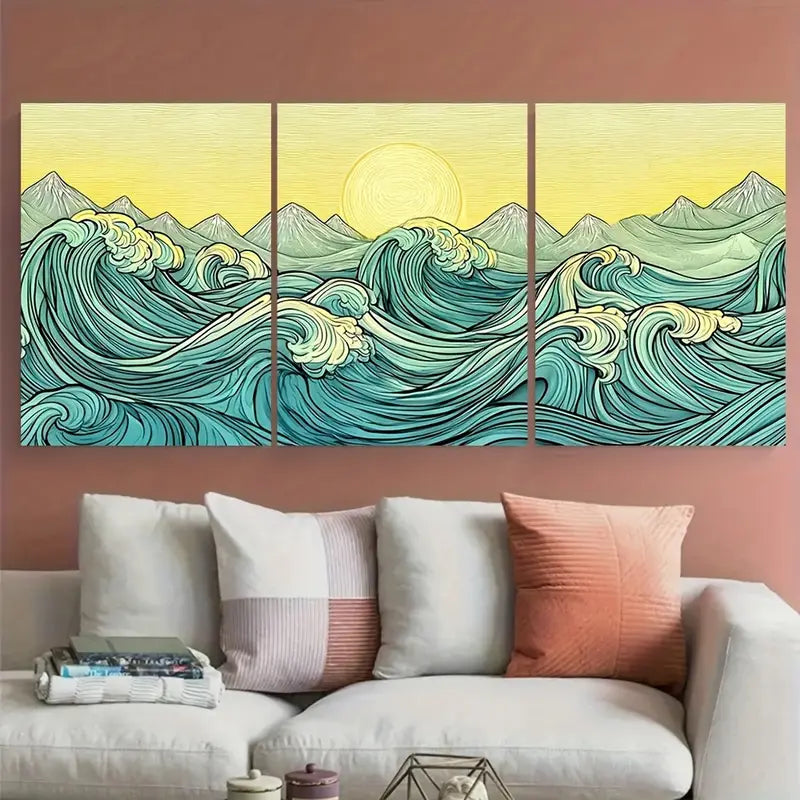 3pcs Japanese Sunrise Mountain Wave Metal Print Ready to Hang Art