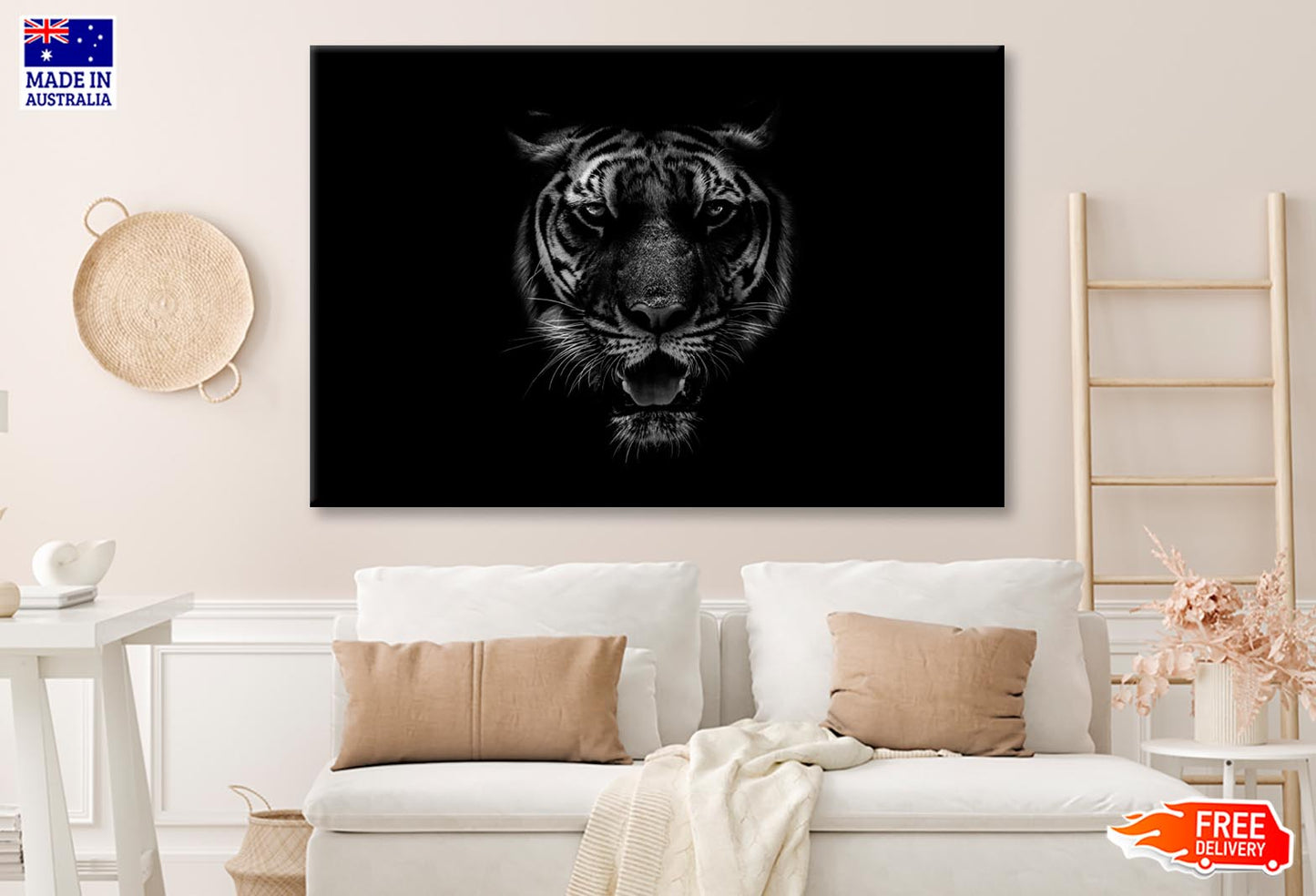 Black & White Beautiful Tiger on Black Wall Art Decor 100% Australian Made