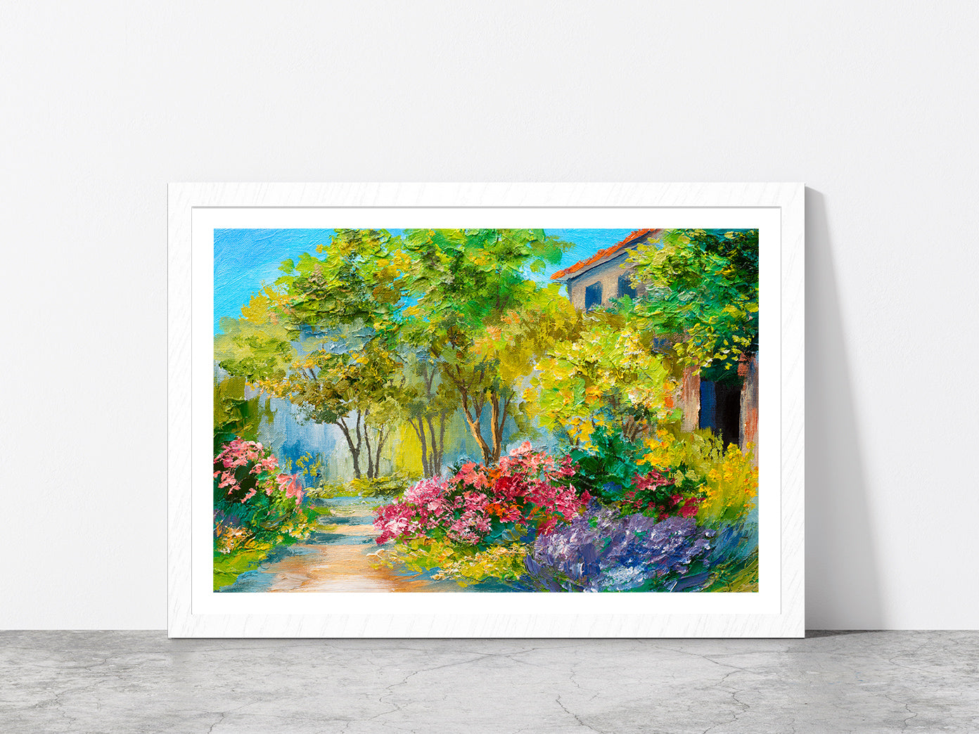 House In The Summer Forest Glass Framed Wall Art, Ready to Hang Quality Print With White Border White