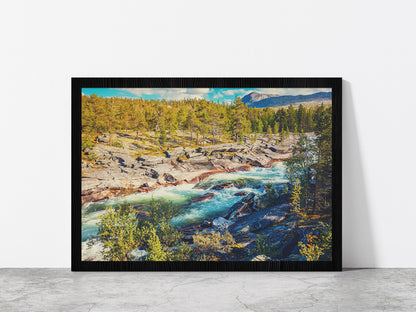 Mountain River & Forest In Norway Glass Framed Wall Art, Ready to Hang Quality Print Without White Border Black