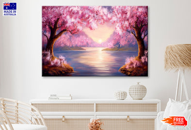 Pink Sakura Trees & Sunset over the River Painting Wall Art Limited Edition High Quality Print