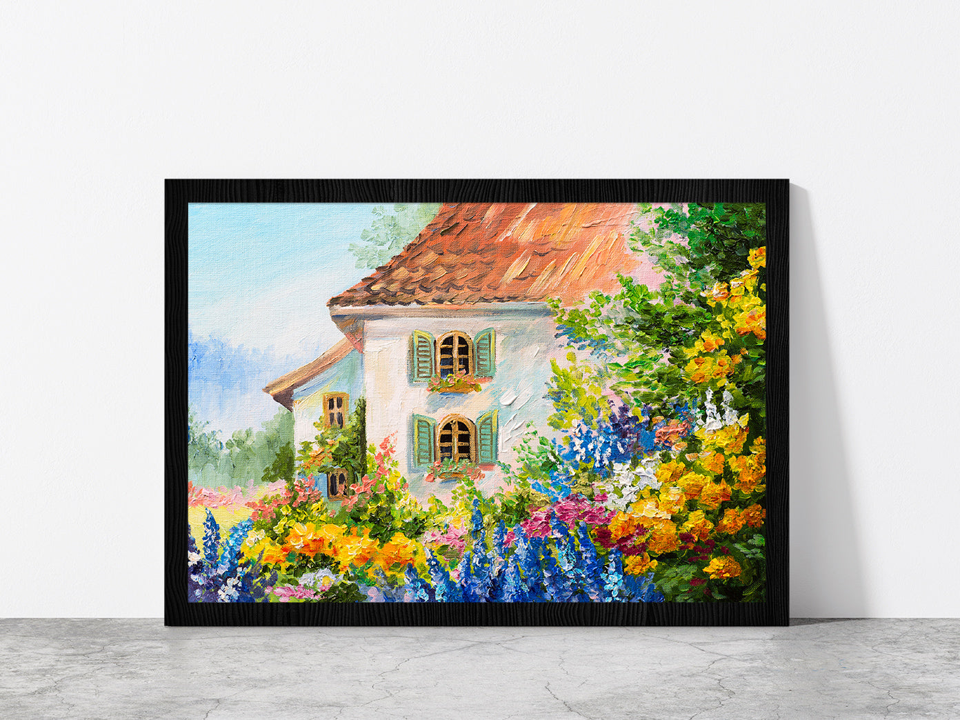 House In The Flower Garden Glass Framed Wall Art, Ready to Hang Quality Print Without White Border Black