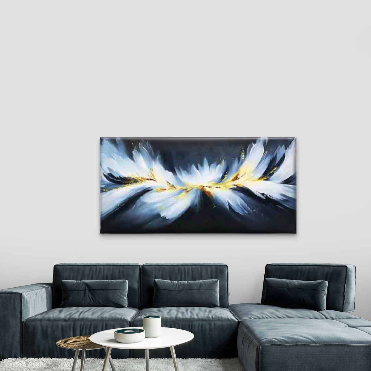 Golden And Blue Abstract Feathe Wall Art Canvas Office Home Room Framed 120x60cm
