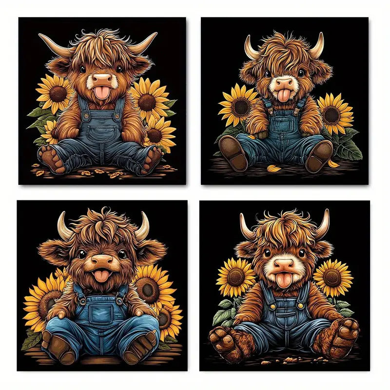4pcs Whimsical Cottage Cow & Sunflower FG   Wall Art Canvas Framed
