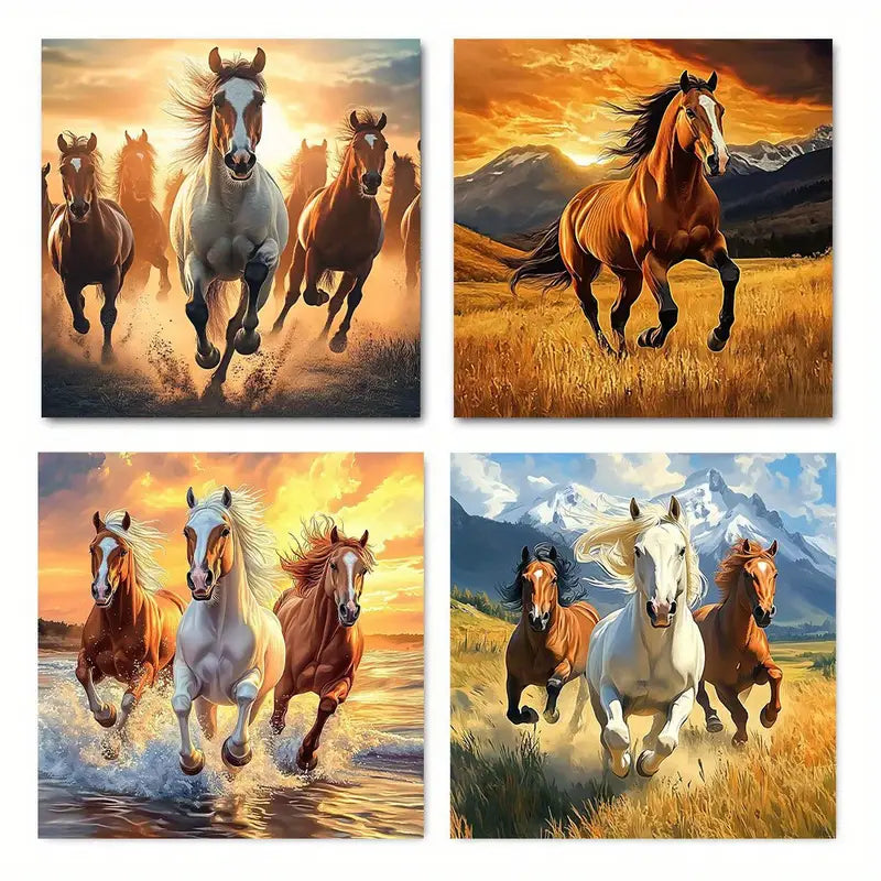 4pcs Abstract Wild Horses Galloping Wall Art Canvas Framed