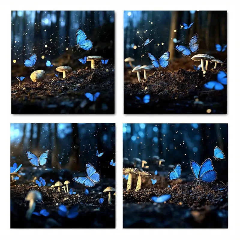 4pcs  Vibrant Blue Butterflies & Mushrooms In Enc  Wall Art Canvas Framed