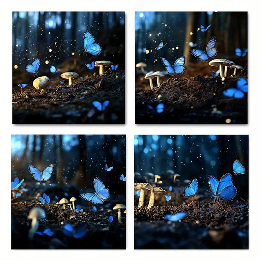 4pcs  Vibrant Blue Butterflies & Mushrooms In Enc  Wall Art Canvas Framed