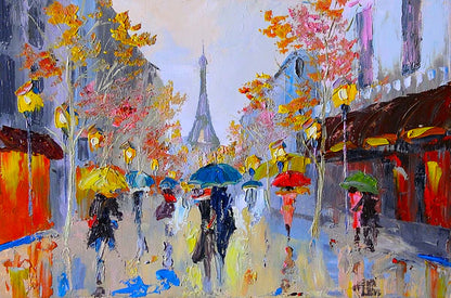 Eiffel Tower Street People Walking with Umbrellas Painting 90x60cm Print 100% Australian Made