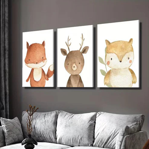 3pcs Adorable Cartoon Woodland Animals Wall Art Set Canvas Framed 50x70cm - High Quality Print 100% Australian Made Wall Canvas Ready to Hang
