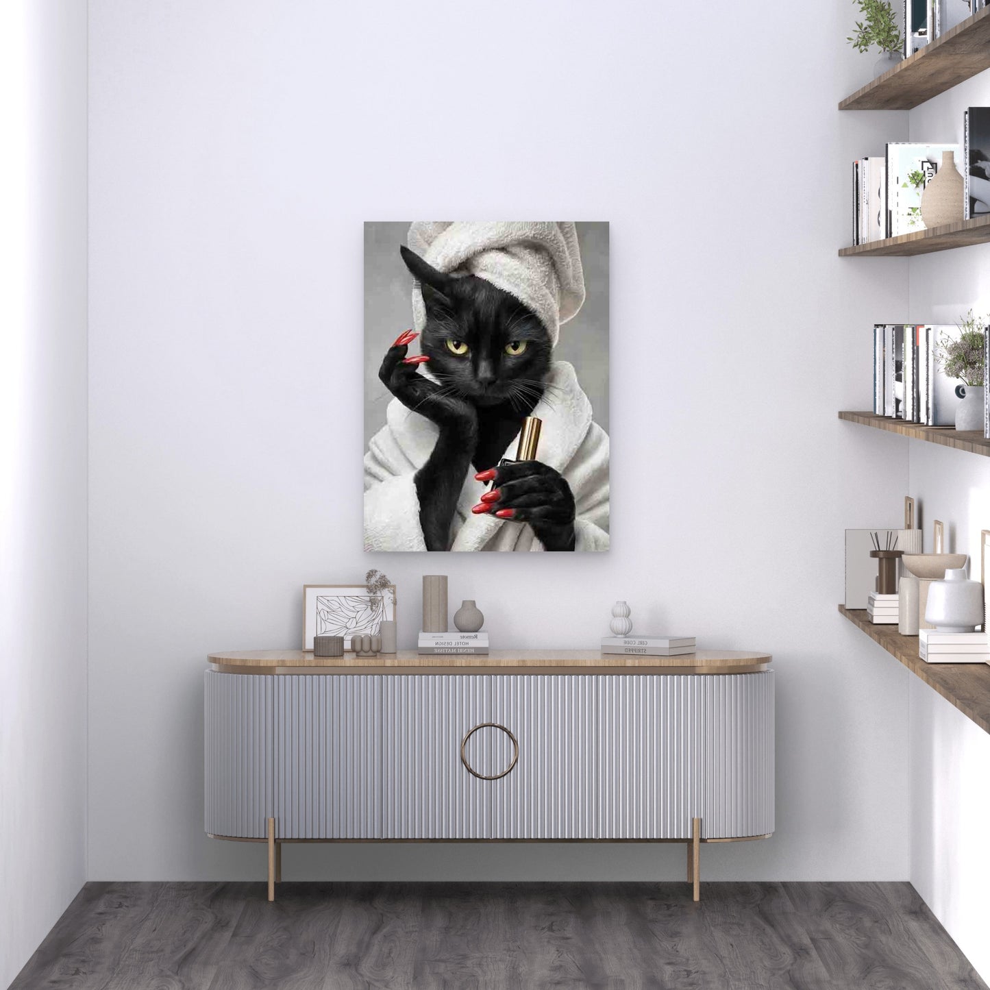Funny Black Cat Close Up Glam Bathroom 60x90cm Metal Print Ready to Hang